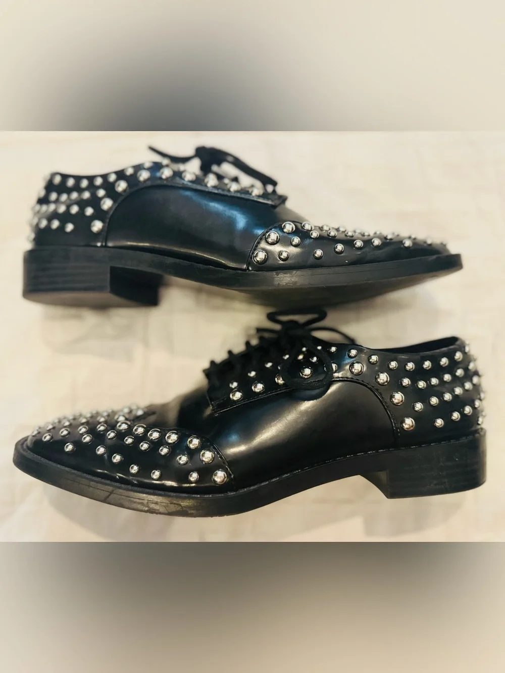 ZARA TRAFALUC Black Studded Oxford/Brogue Shoes Size 37